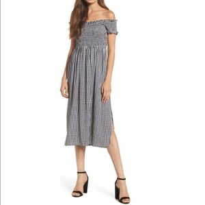 Bardot Black and White Gingham Plaid off Shoulder Smocked Midi Dress size 6